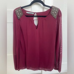 Maurices Long Sheer Sleeve Blouse Embellished Shoulders Maroon Size Small